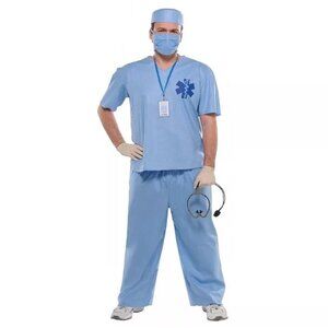 Doctor MD ~ Men's Scrubs Halloween Costume Blue Plus 2XL (48-52) 5 PCS New